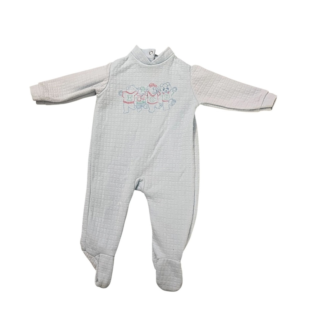 Vintage Izod Lacoste Baby Blue Quilted Bear Footie Sleeper Snap Back 6-9 Months